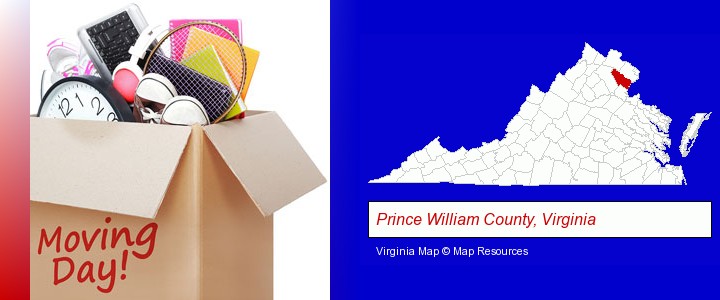 moving day; Prince William County, Virginia highlighted in red on a map