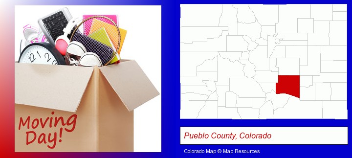 moving day; Pueblo County, Colorado highlighted in red on a map