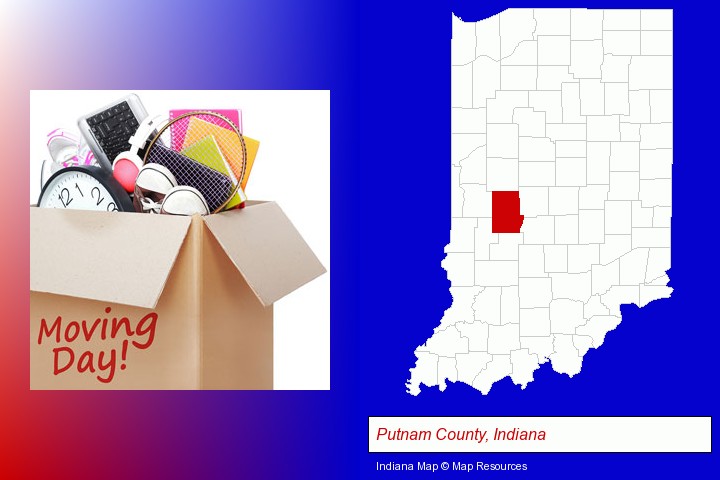moving day; Putnam County, Indiana highlighted in red on a map