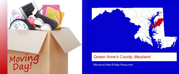moving day; Queen Anne's County, Maryland highlighted in red on a map