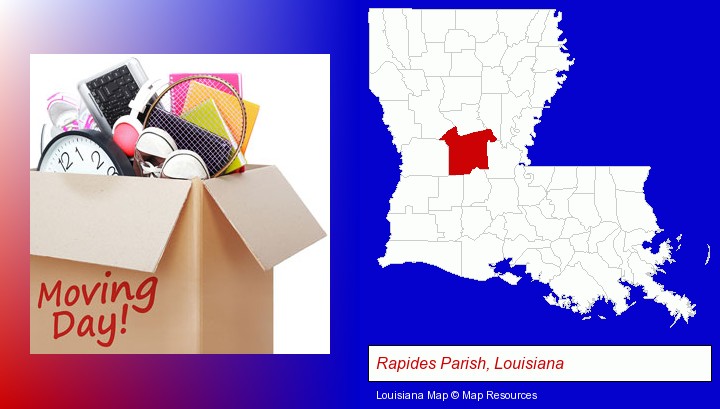 moving day; Rapides Parish, Louisiana highlighted in red on a map