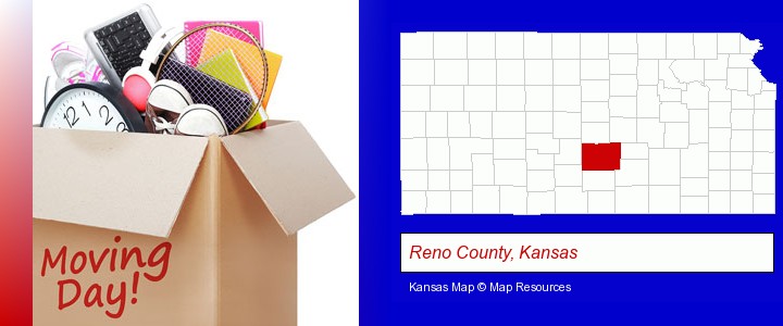 moving day; Reno County, Kansas highlighted in red on a map