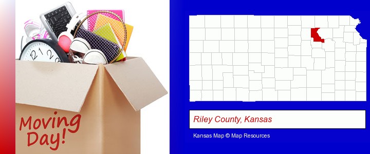 moving day; Riley County, Kansas highlighted in red on a map