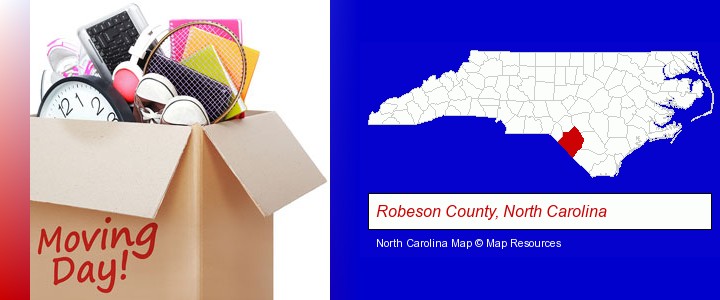 moving day; Robeson County, North Carolina highlighted in red on a map