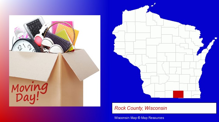 moving day; Rock County, Wisconsin highlighted in red on a map