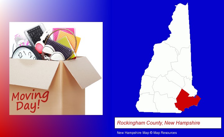 moving day; Rockingham County, New Hampshire highlighted in red on a map