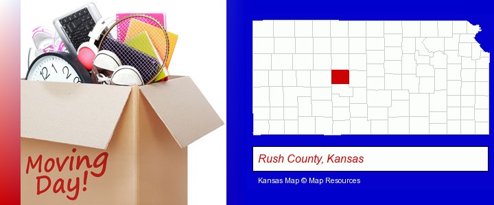 moving day; Rush County, Kansas highlighted in red on a map