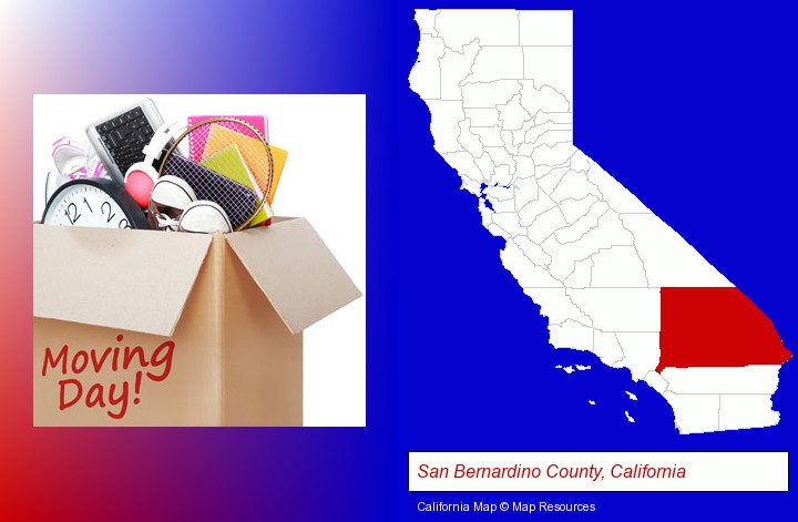 moving day; San Bernardino County, California highlighted in red on a map
