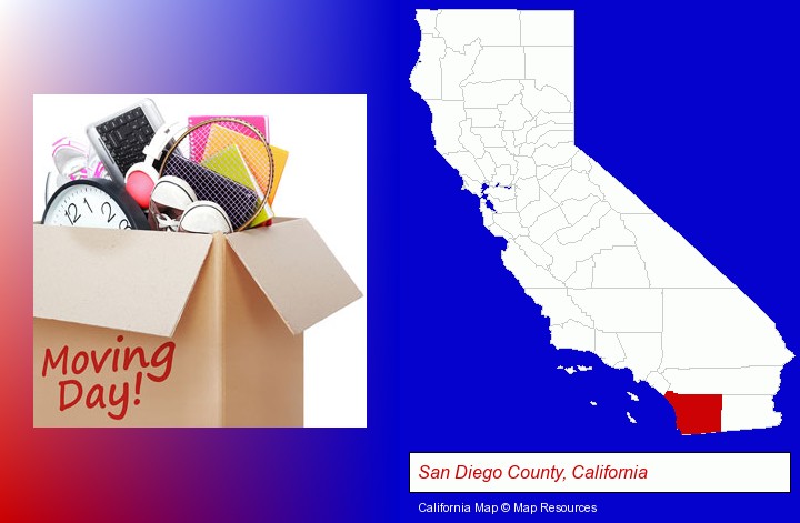 moving day; San Diego County, California highlighted in red on a map