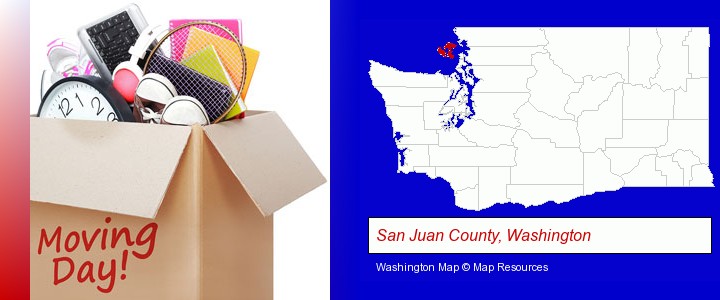 moving day; San Juan County, Washington highlighted in red on a map