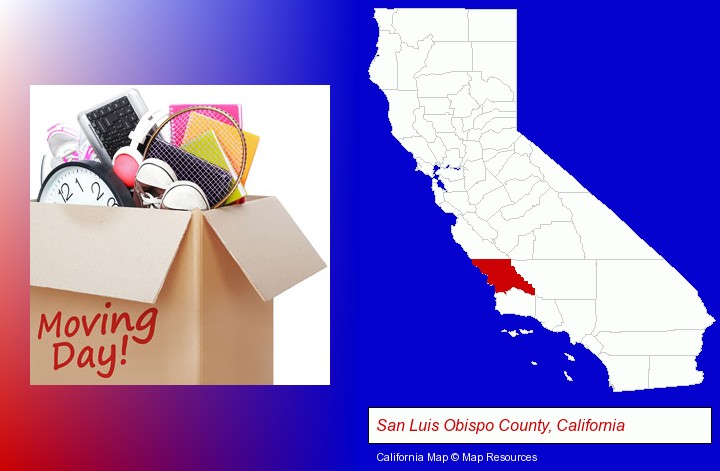 moving day; San Luis Obispo County, California highlighted in red on a map