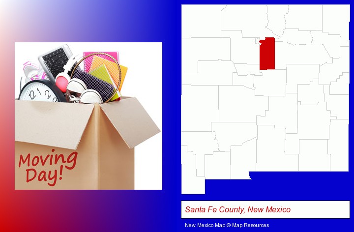 moving day; Santa Fe County, New Mexico highlighted in red on a map