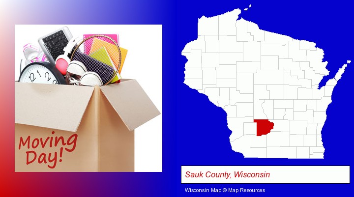 moving day; Sauk County, Wisconsin highlighted in red on a map