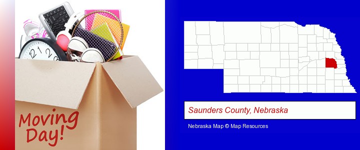 moving day; Saunders County, Nebraska highlighted in red on a map