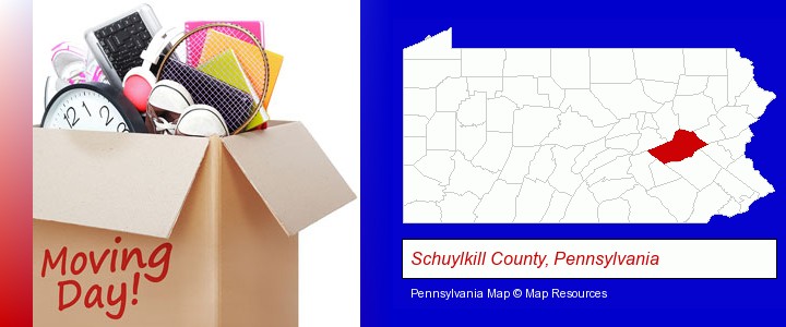 moving day; Schuylkill County, Pennsylvania highlighted in red on a map