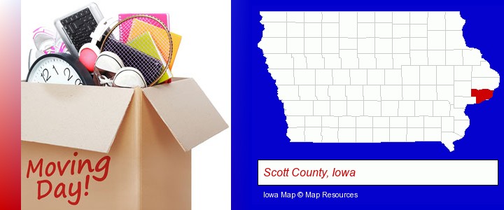 moving day; Scott County, Iowa highlighted in red on a map