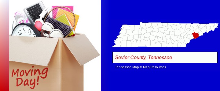 moving day; Sevier County, Tennessee highlighted in red on a map
