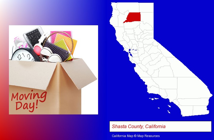 moving day; Shasta County, California highlighted in red on a map