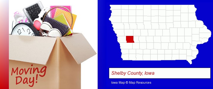 moving day; Shelby County, Iowa highlighted in red on a map