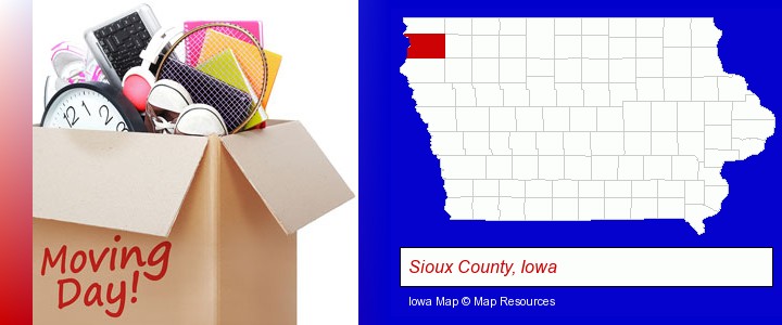 moving day; Sioux County, Iowa highlighted in red on a map