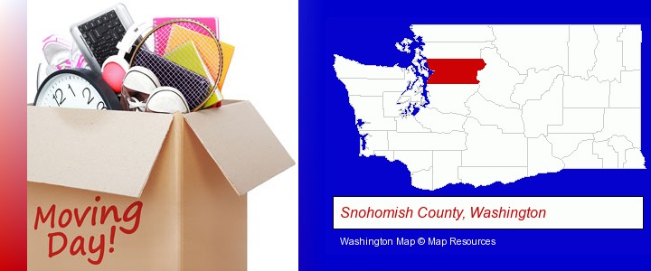 moving day; Snohomish County, Washington highlighted in red on a map