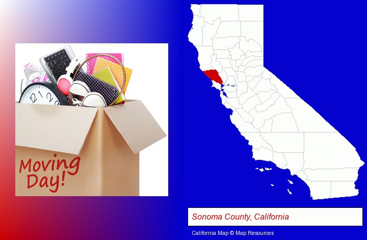 moving day; Sonoma County, California highlighted in red on a map