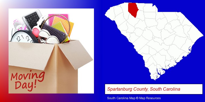 moving day; Spartanburg County, South Carolina highlighted in red on a map