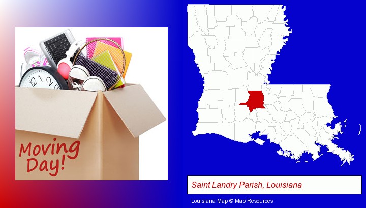 moving day; Saint Landry Parish, Louisiana highlighted in red on a map