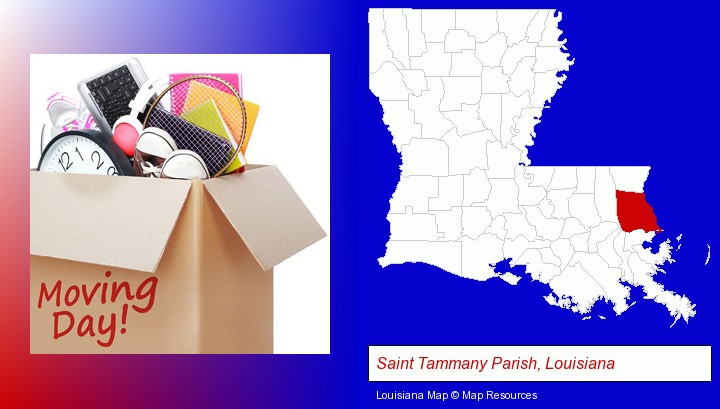 moving day; Saint Tammany Parish, Louisiana highlighted in red on a map