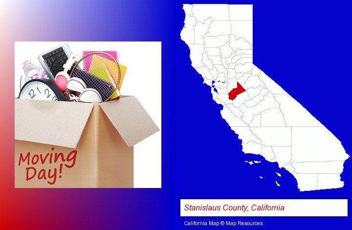 moving day; Stanislaus County, California highlighted in red on a map