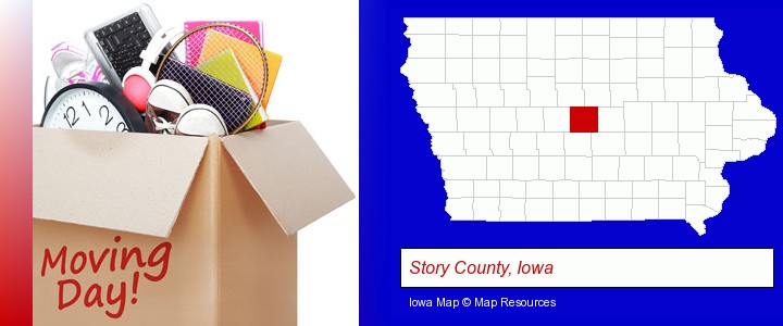 moving day; Story County, Iowa highlighted in red on a map