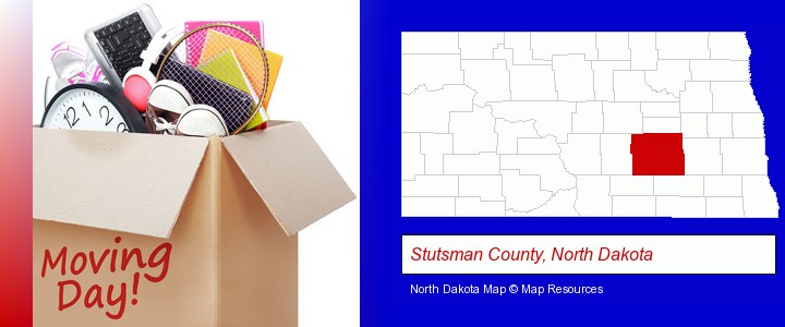 moving day; Stutsman County, North Dakota highlighted in red on a map