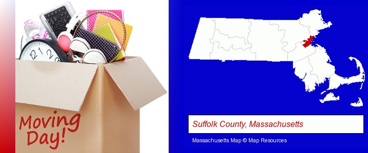 moving day; Suffolk County, Massachusetts highlighted in red on a map