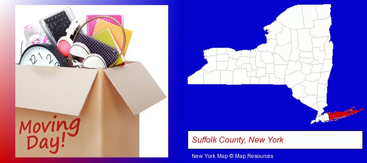 moving day; Suffolk County, New York highlighted in red on a map