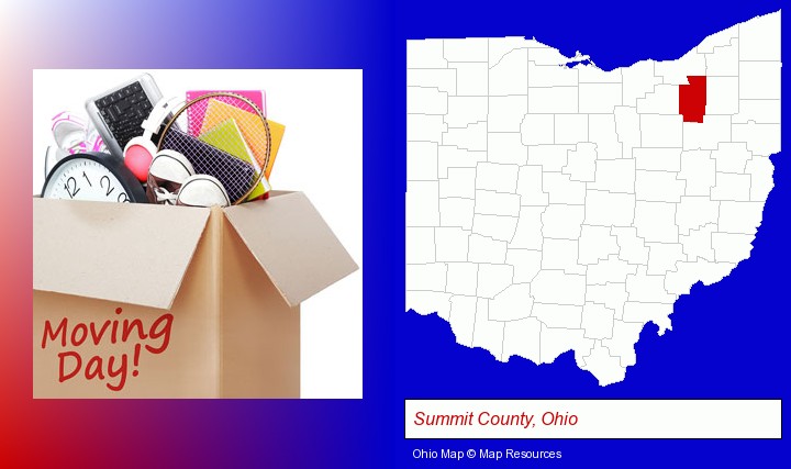 moving day; Summit County, Ohio highlighted in red on a map