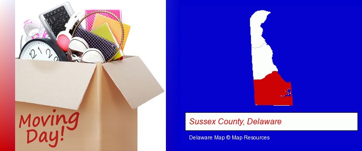 moving day; Sussex County, Delaware highlighted in red on a map