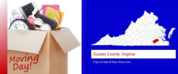 moving day; Sussex County, Virginia highlighted in red on a map