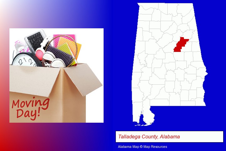 moving day; Talladega County, Alabama highlighted in red on a map