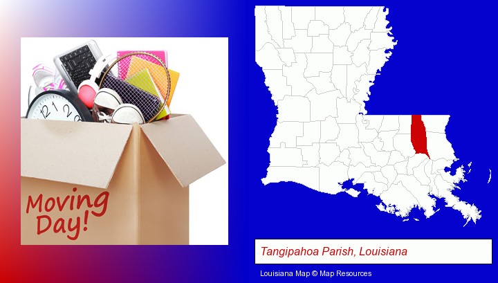 moving day; Tangipahoa Parish, Louisiana highlighted in red on a map
