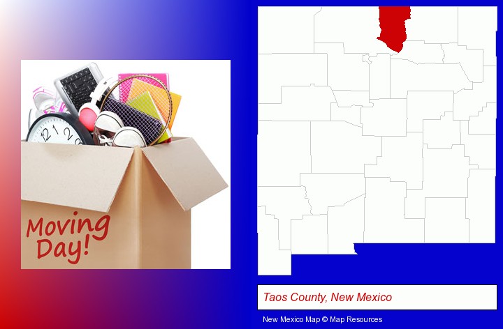 moving day; Taos County, New Mexico highlighted in red on a map