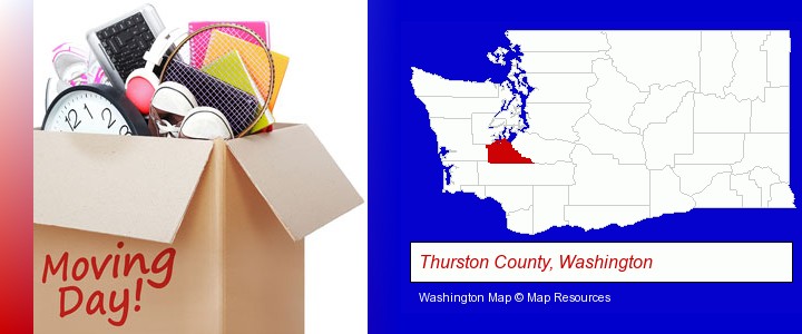 moving day; Thurston County, Washington highlighted in red on a map