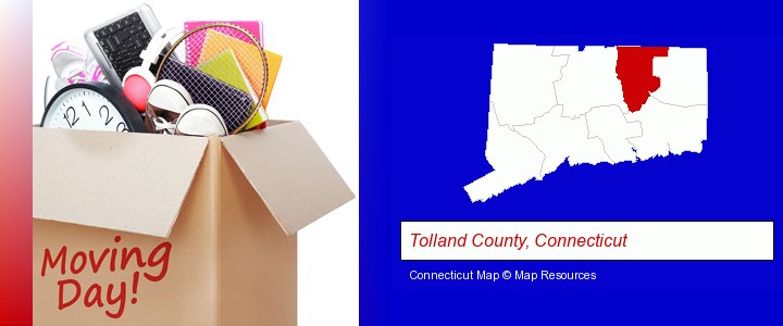moving day; Tolland County, Connecticut highlighted in red on a map