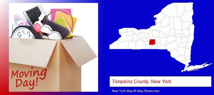 moving day; Tompkins County, New York highlighted in red on a map