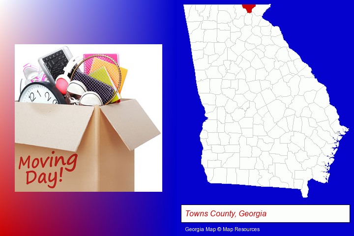 moving day; Towns County, Georgia highlighted in red on a map