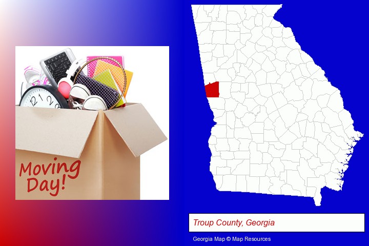 moving day; Troup County, Georgia highlighted in red on a map