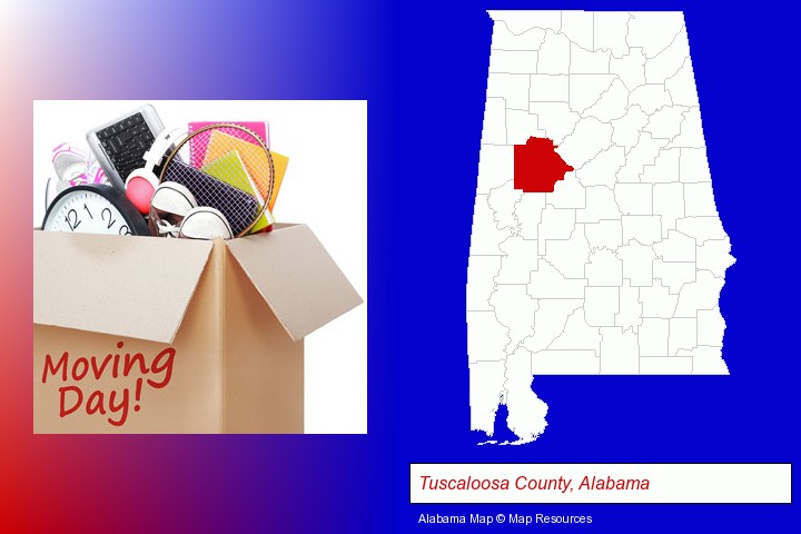 moving day; Tuscaloosa County, Alabama highlighted in red on a map