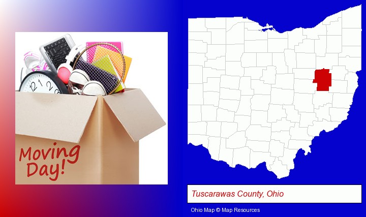 moving day; Tuscarawas County, Ohio highlighted in red on a map
