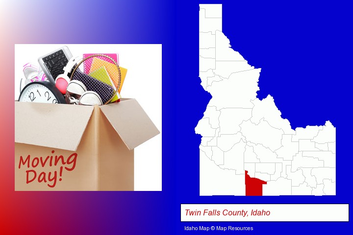 moving day; Twin Falls County, Idaho highlighted in red on a map