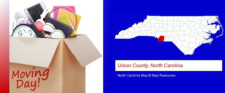 moving day; Union County, North Carolina highlighted in red on a map