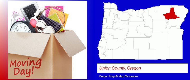 moving day; Union County, Oregon highlighted in red on a map